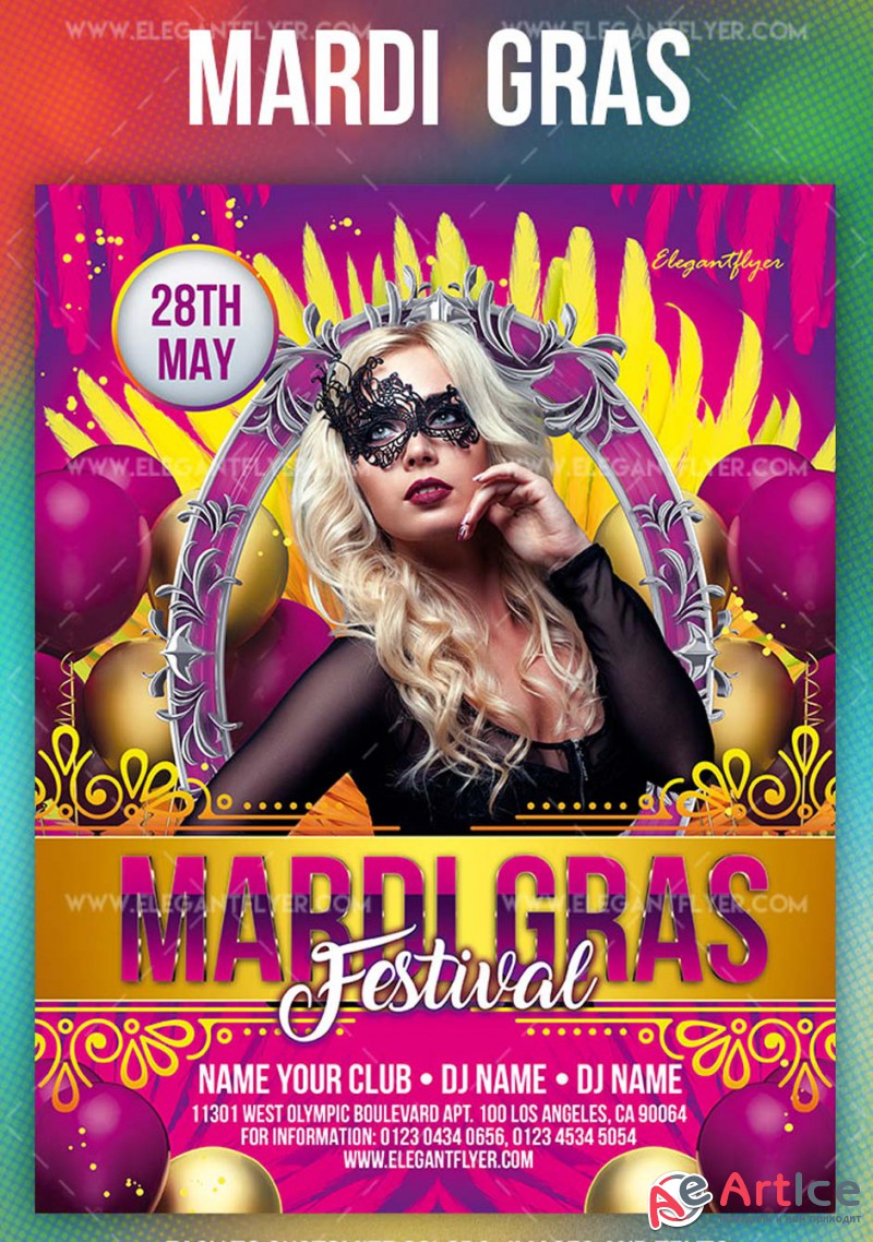 Mardi Gras Festival V5 2019 PSD Flyer Template + Facebook Cover + Instagram Post